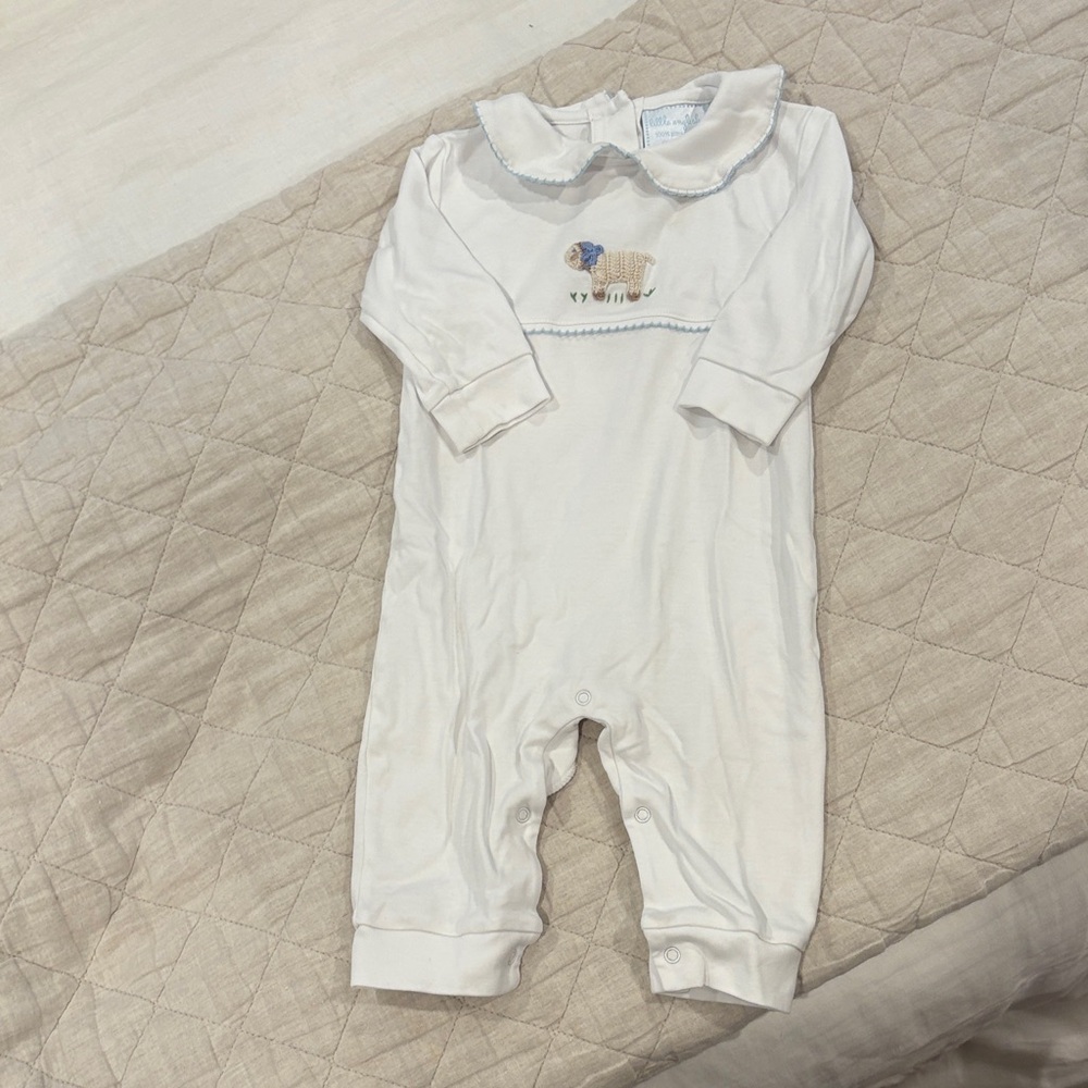 White Little English Snap Bottom One Piece with Sheep Embroidery. Size 9M.